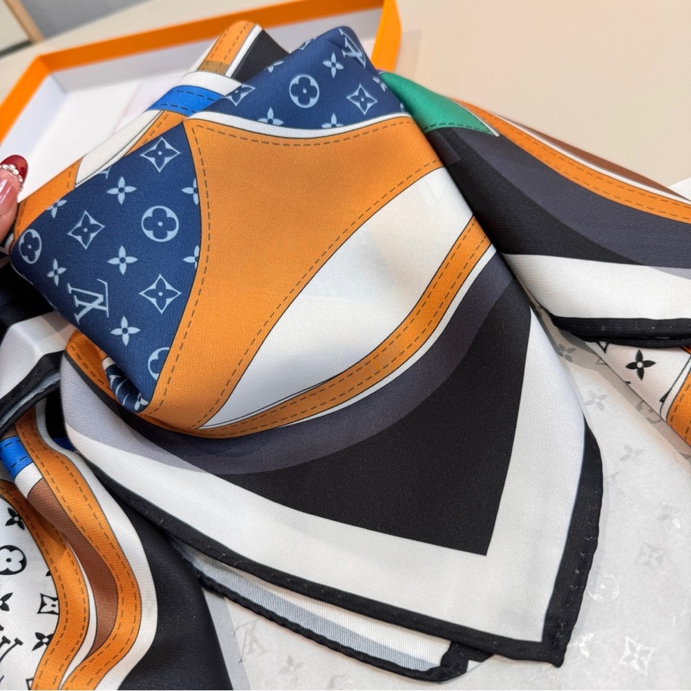 Louis Vuitton Silk Scarf with Bold Orange & Blue Geometric Monogram Print - Picture 8 of 8